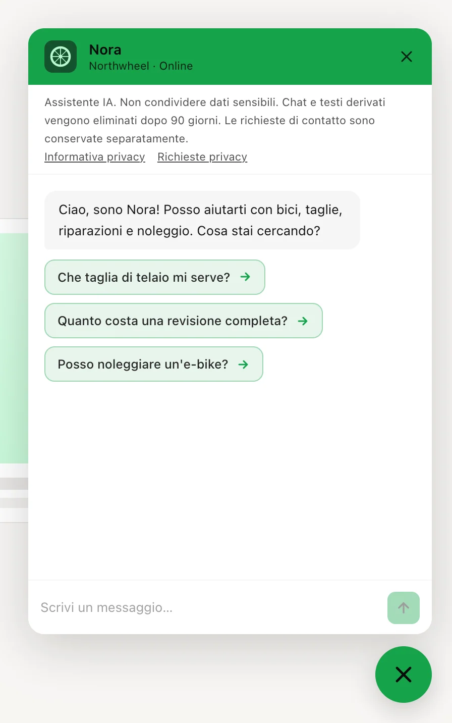 La chat aperta: intestazione, avviso sulla privacy, messaggio di benvenuto e domande suggerite