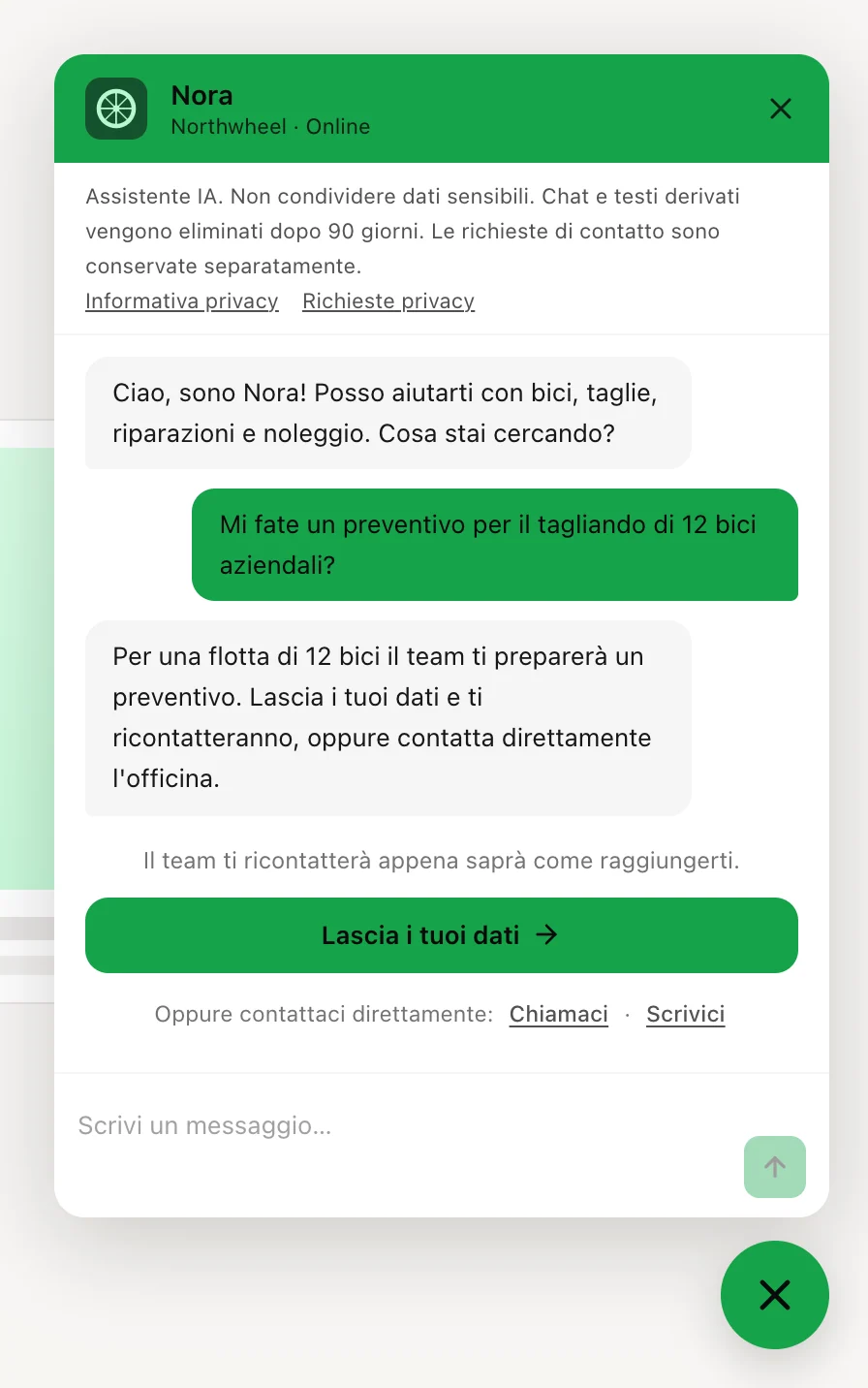 Una risposta che passa la mano, con il pulsante di contatto e i contatti diretti sotto
