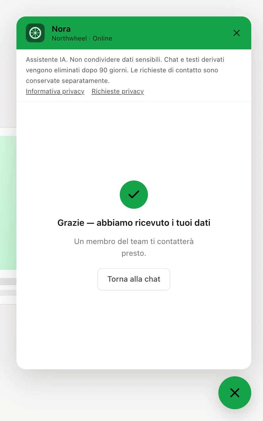 La conferma dopo l'invio del modulo di contatto