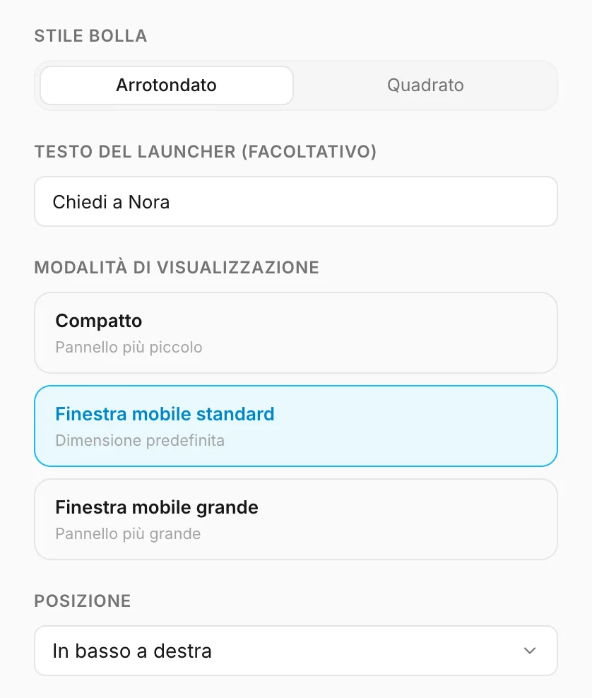 Stile delle bolle, testo del launcher, modalità di visualizzazione e posizione