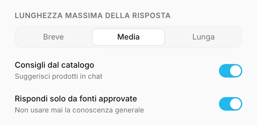 Lunghezza della risposta, consigli dal catalogo e fonti approvate