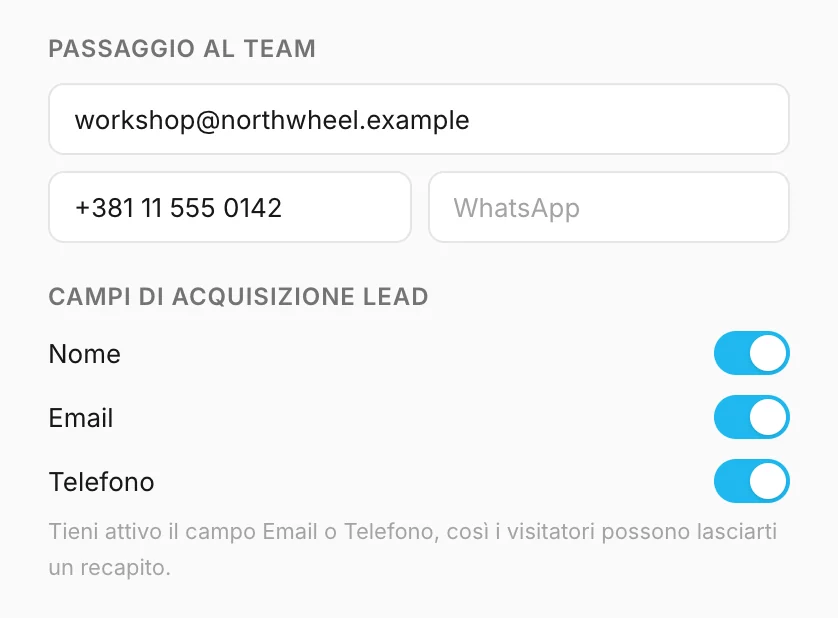 Passaggio a una persona e campi per la raccolta dei lead