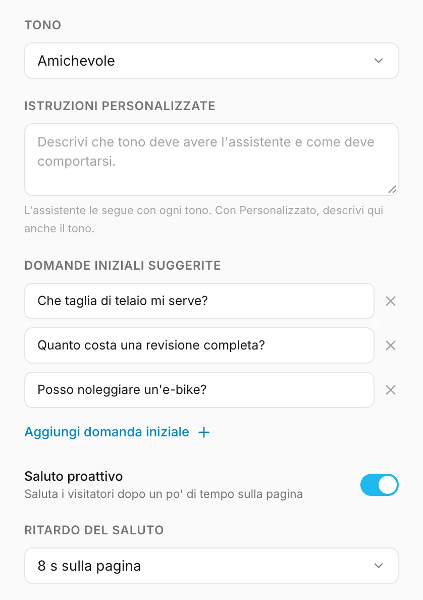 Tono, domande iniziali suggerite e saluto proattivo