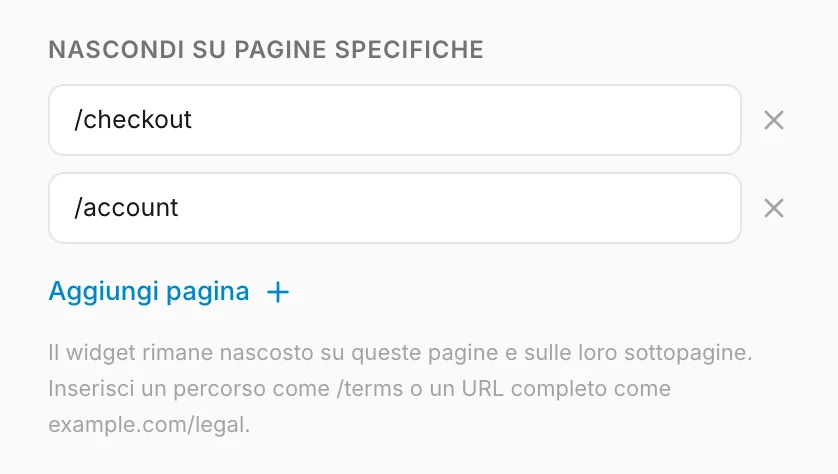 Pagine su cui il widget resta nascosto
