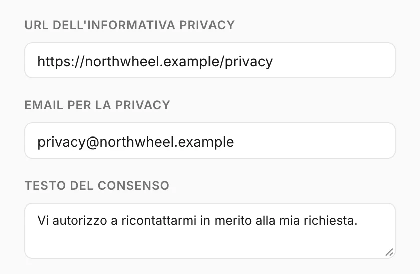 Informativa privacy, contatto per la privacy e testo del consenso
