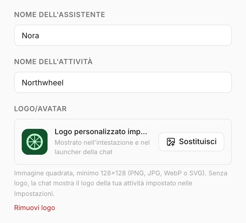 Nome dell'assistente, nome dell'attività e logo nella scheda Identità