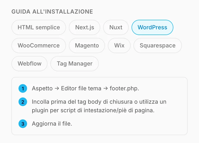 La guida all'installazione, con i passaggi per WordPress