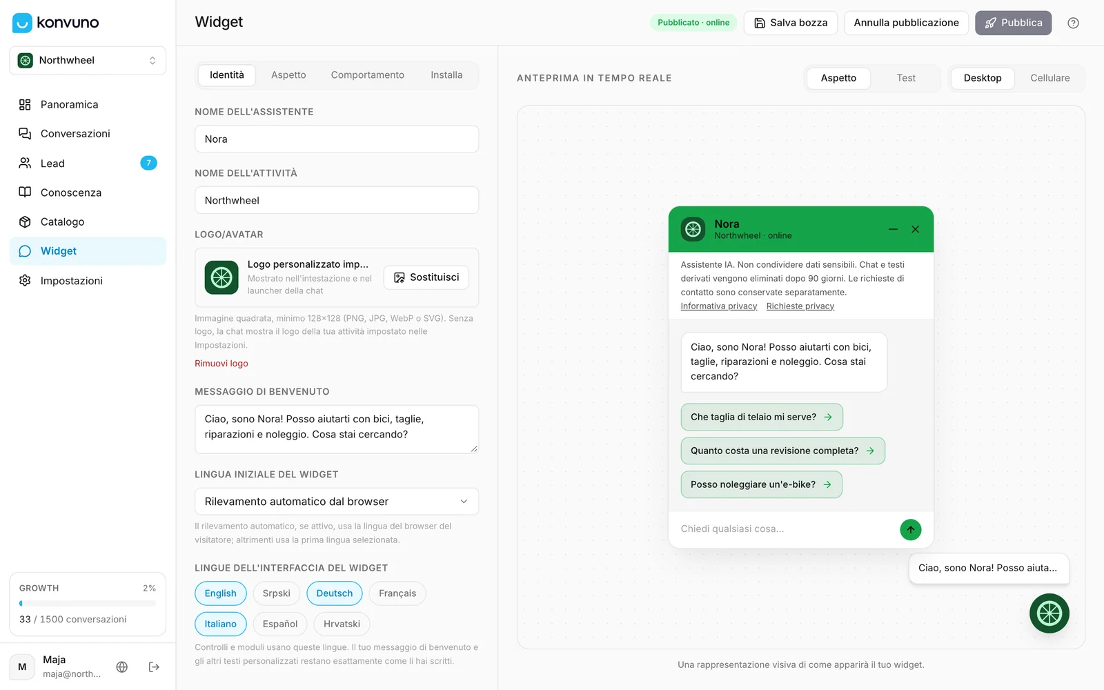 La schermata Widget: le impostazioni a sinistra, un'anteprima in tempo reale a destra