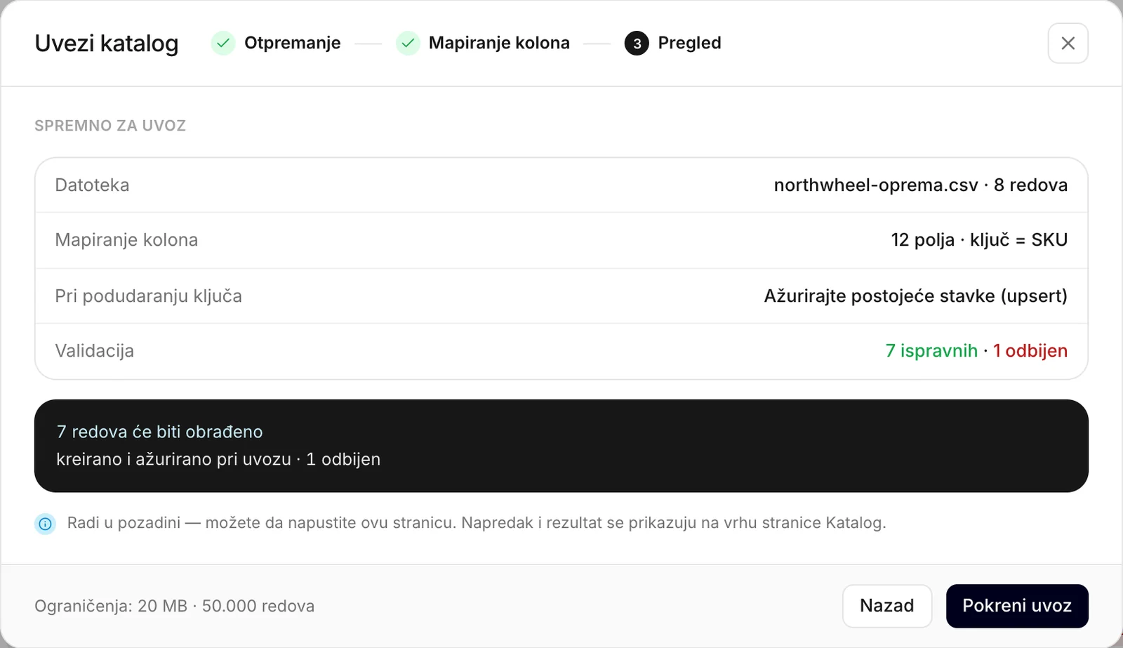 Rezime pre pokretanja uvoza