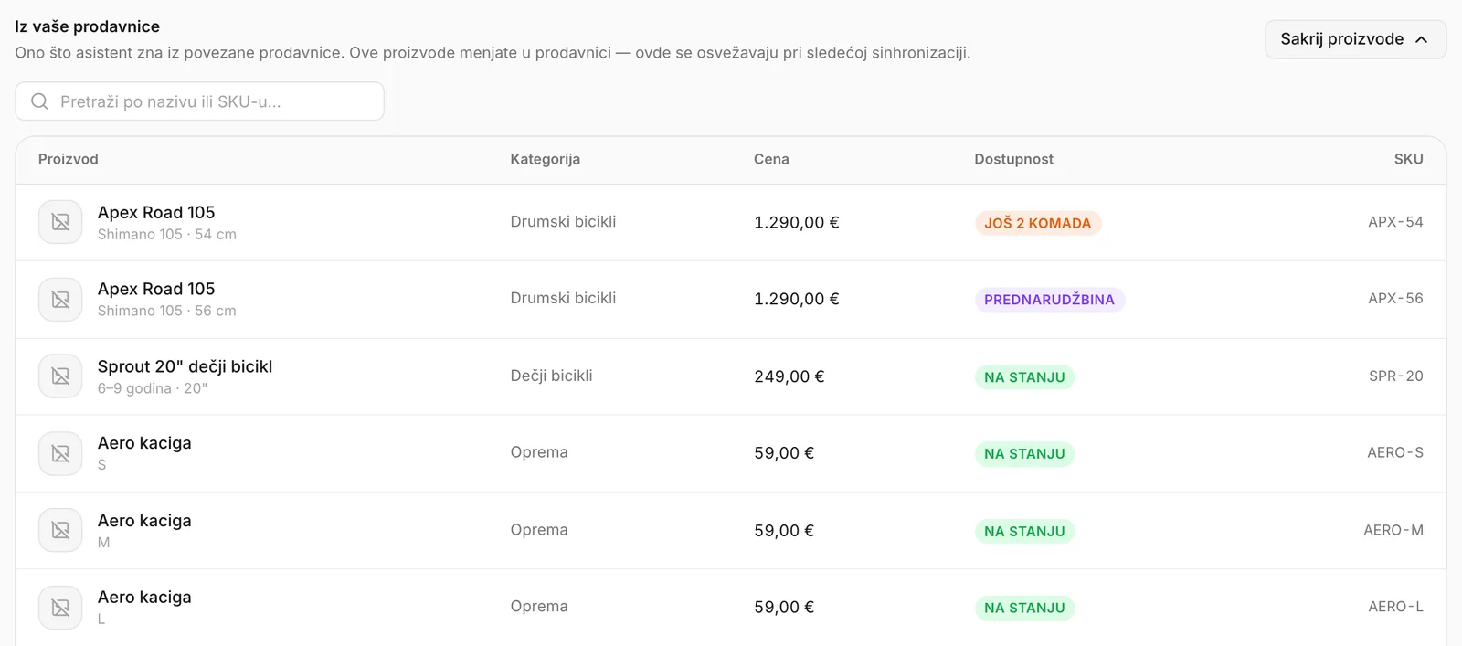 Proizvodi iz povezane prodavnice, u listi koja može da se pretražuje