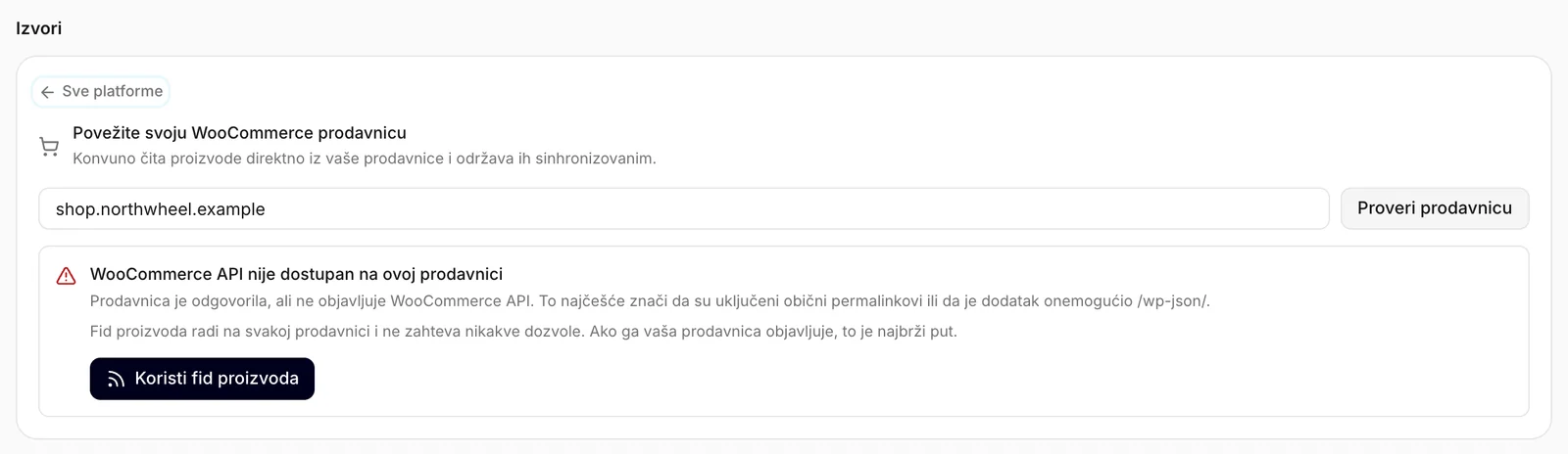 Provera nije pronašla WooCommerce API i nudi fid proizvoda