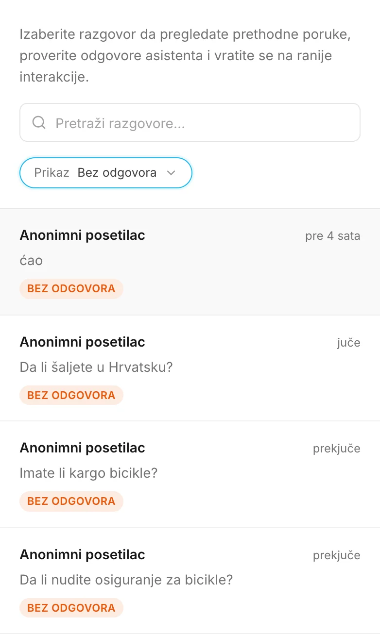 Filter Bez odgovora: pozdravi i pitanja na koja asistent nije mogao da odgovori