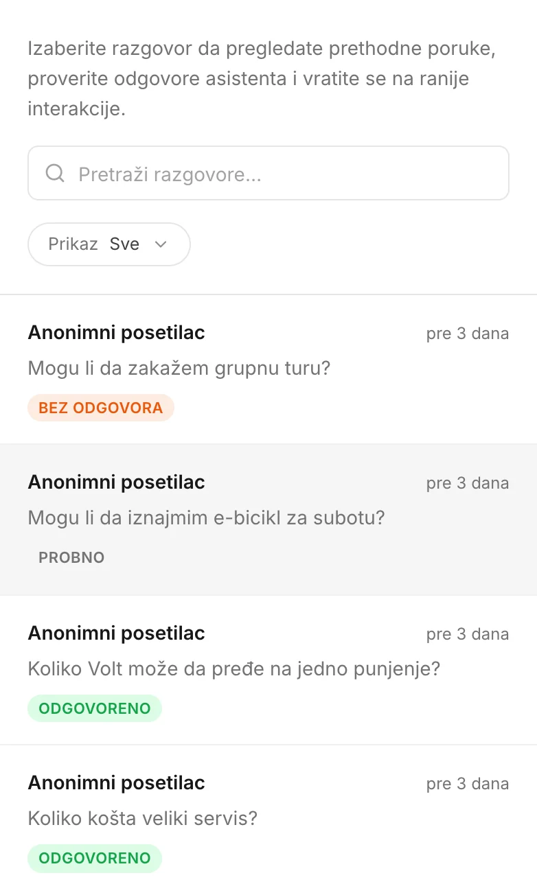 Statusne oznake na listi: odgovoren razgovor, probni čet i automatizovani saobraćaj