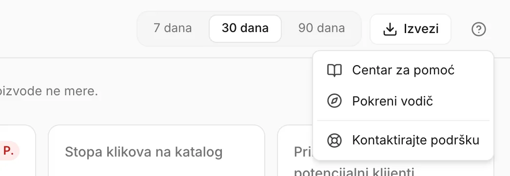 Meni pomoći na vrhu ekrana