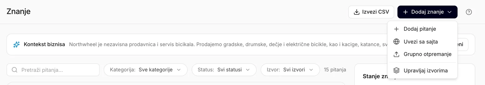 Meni Dodaj znanje na vrhu ekrana