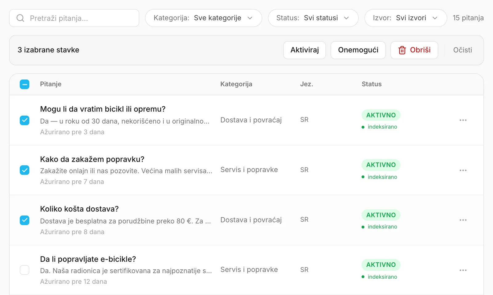 Tri izabrana pitanja, sa radnjama za njih iznad liste