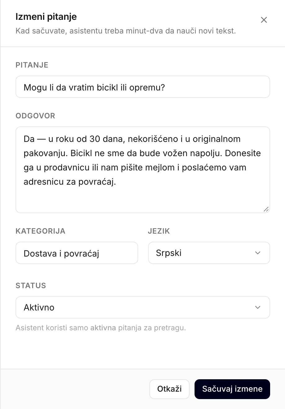 Obrazac za pitanje, ovde tokom izmene postojećeg pitanja