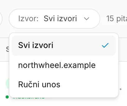 Filter po izvoru iznad liste pitanja
