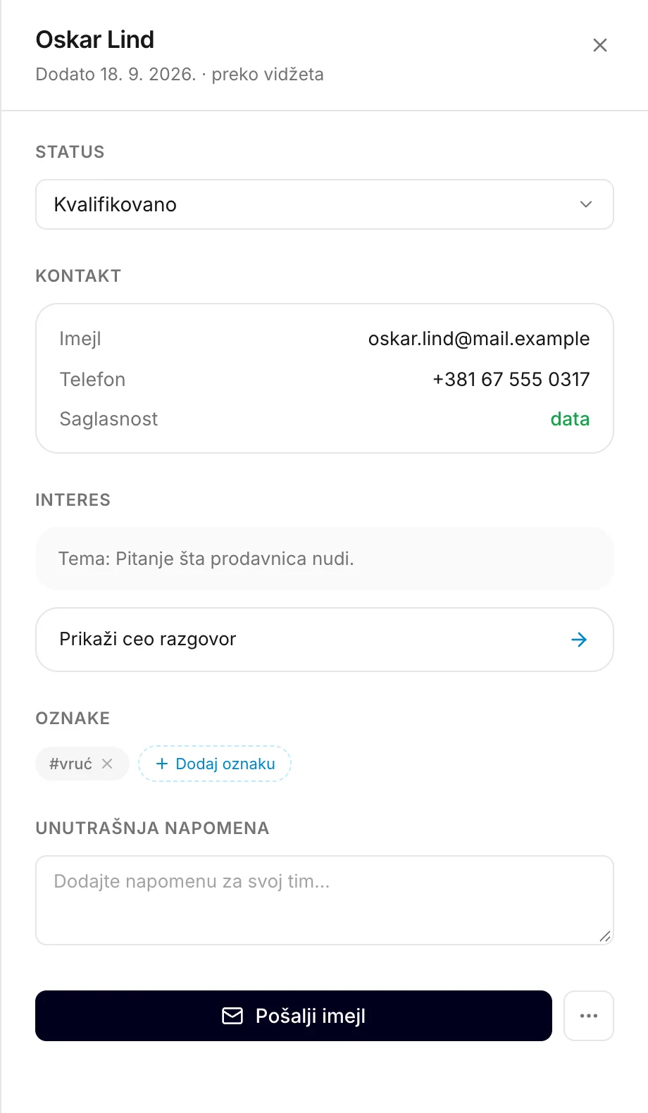 Otvoren potencijalni klijent: status, kontakt podaci, šta je pitao, oznake i interna beleška