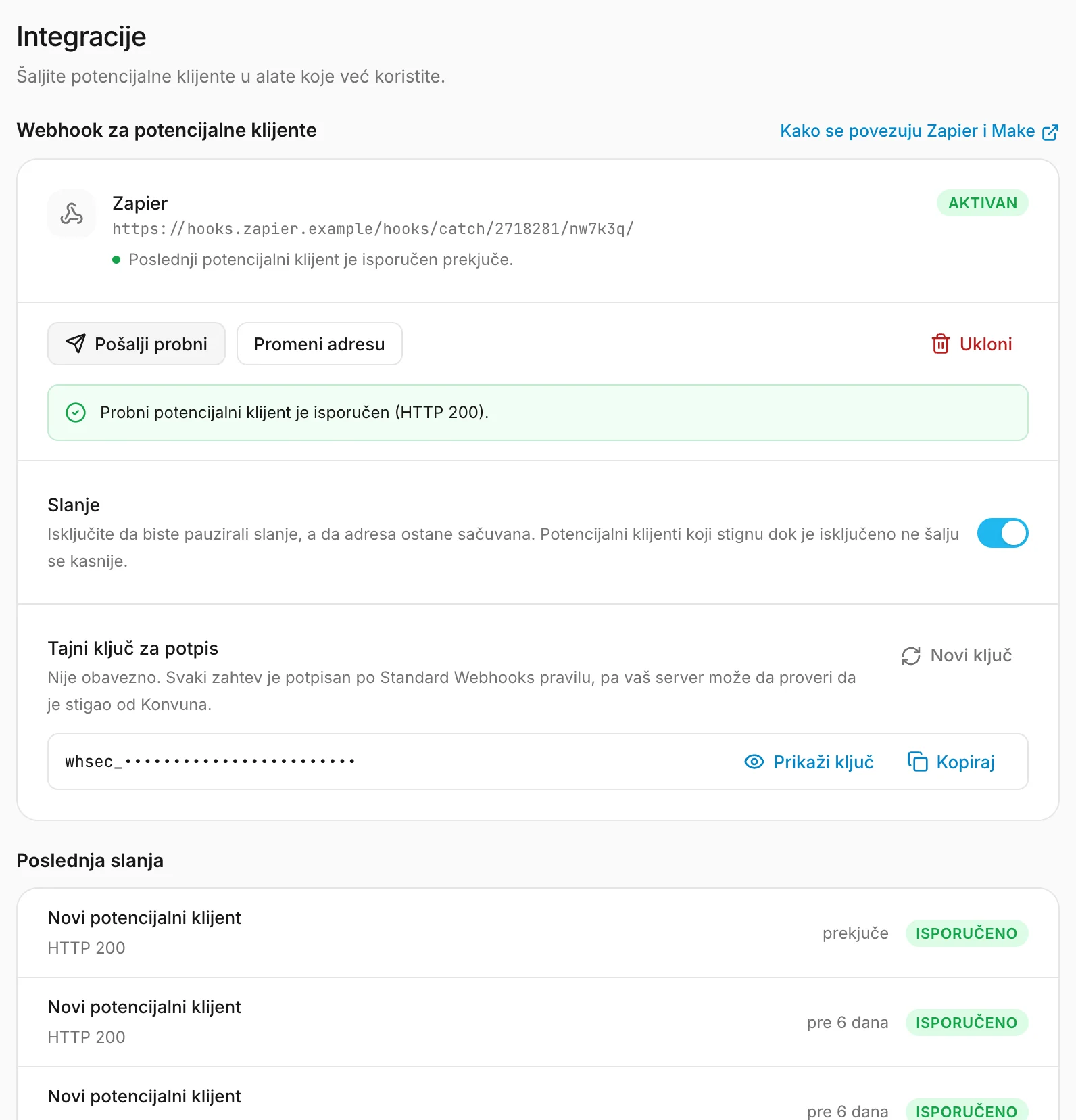 Webhook posle probnog slanja: adresa, stanje i poslednja slanja