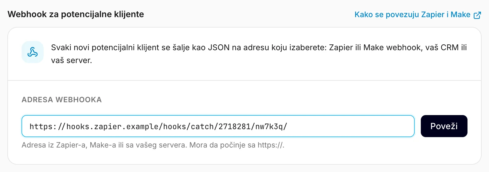 Kartica webhooka u Podešavanjima, sa upisanom Zapier adresom