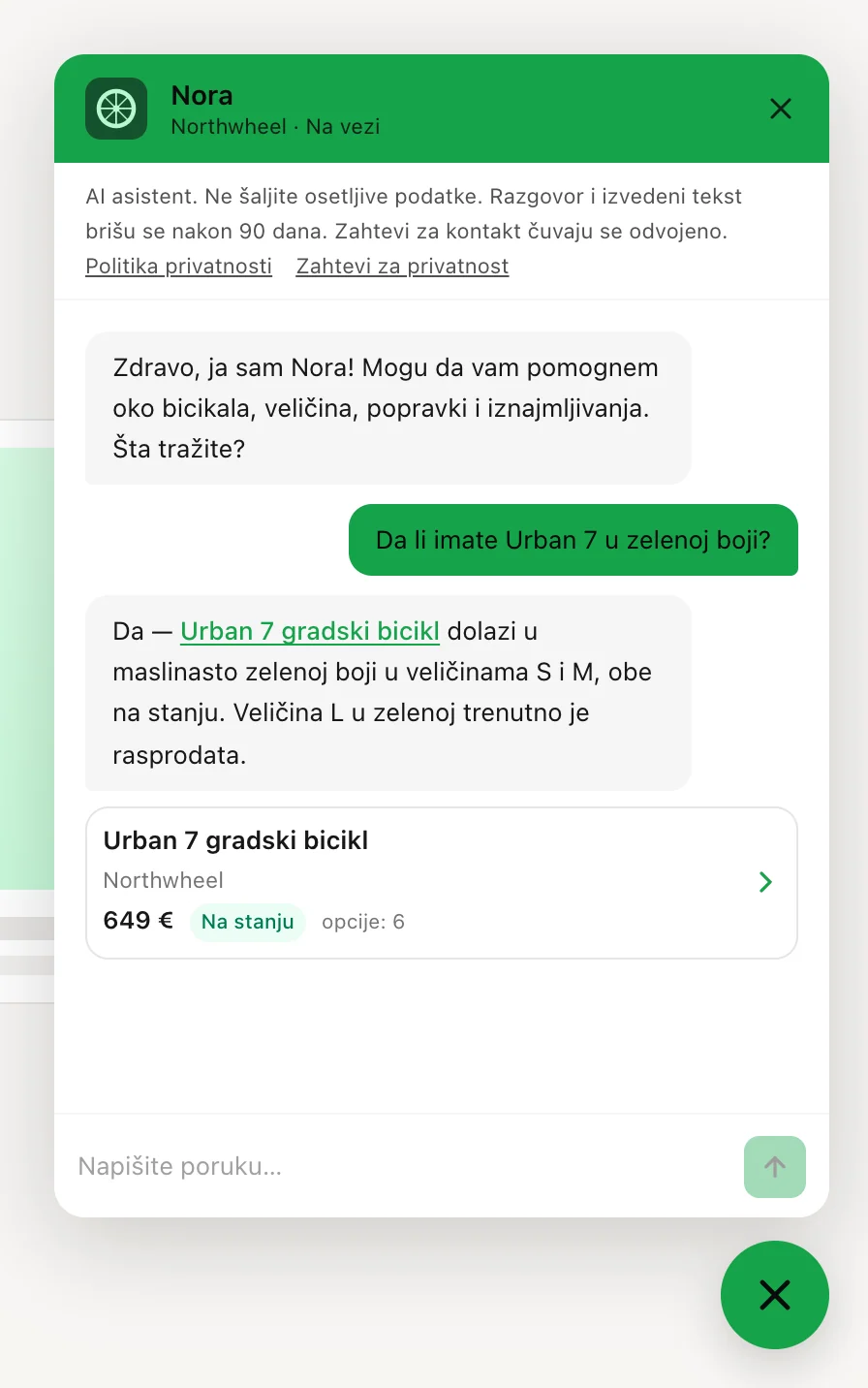 Odgovor koji pominje proizvod, sa karticom proizvoda ispod