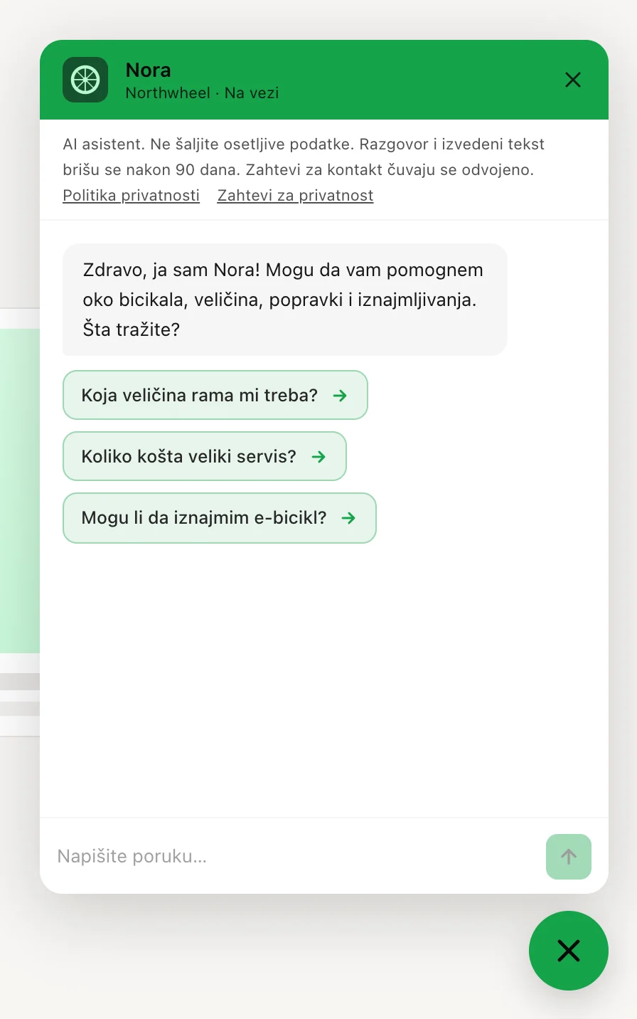 Otvoren čet: zaglavlje, obaveštenje o privatnosti, poruka dobrodošlice i predložena pitanja