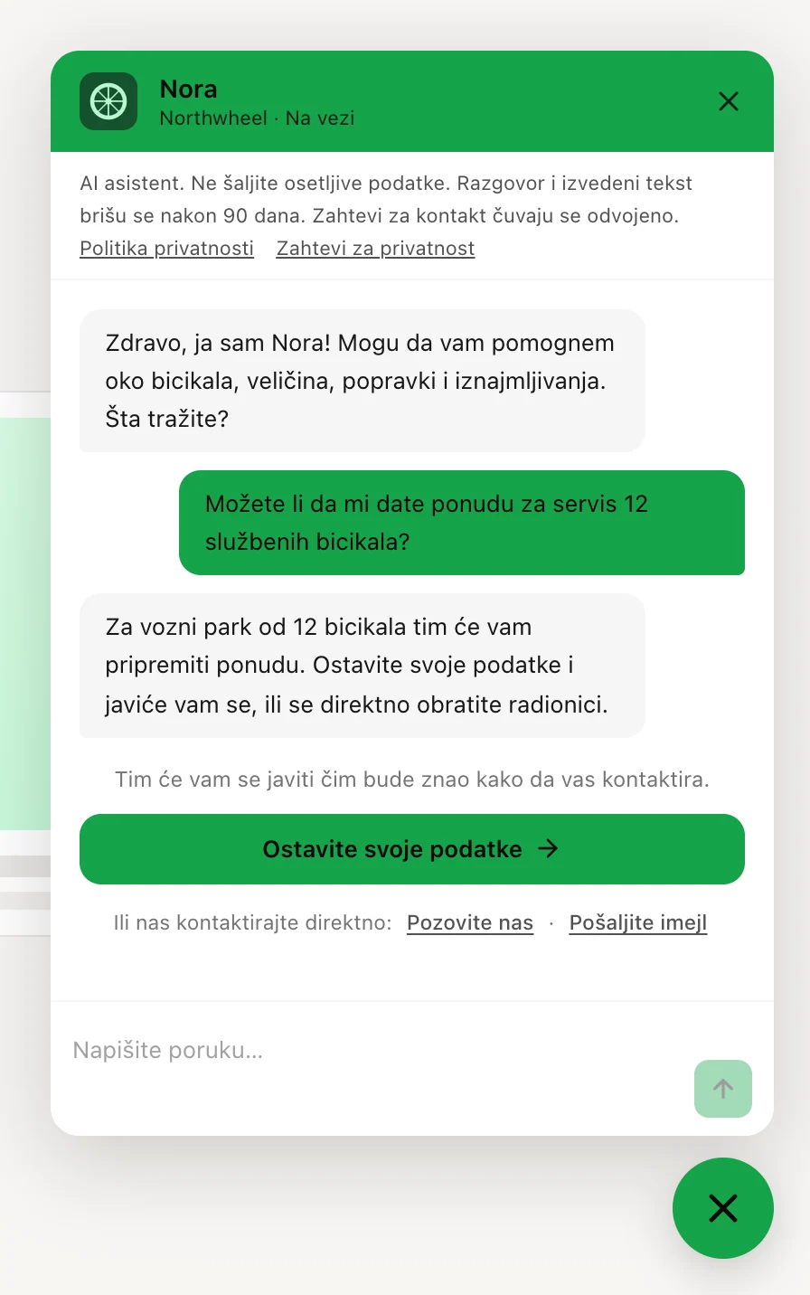 Odgovor koji predaje razgovor, sa dugmetom za kontakt i direktnim kontaktima ispod