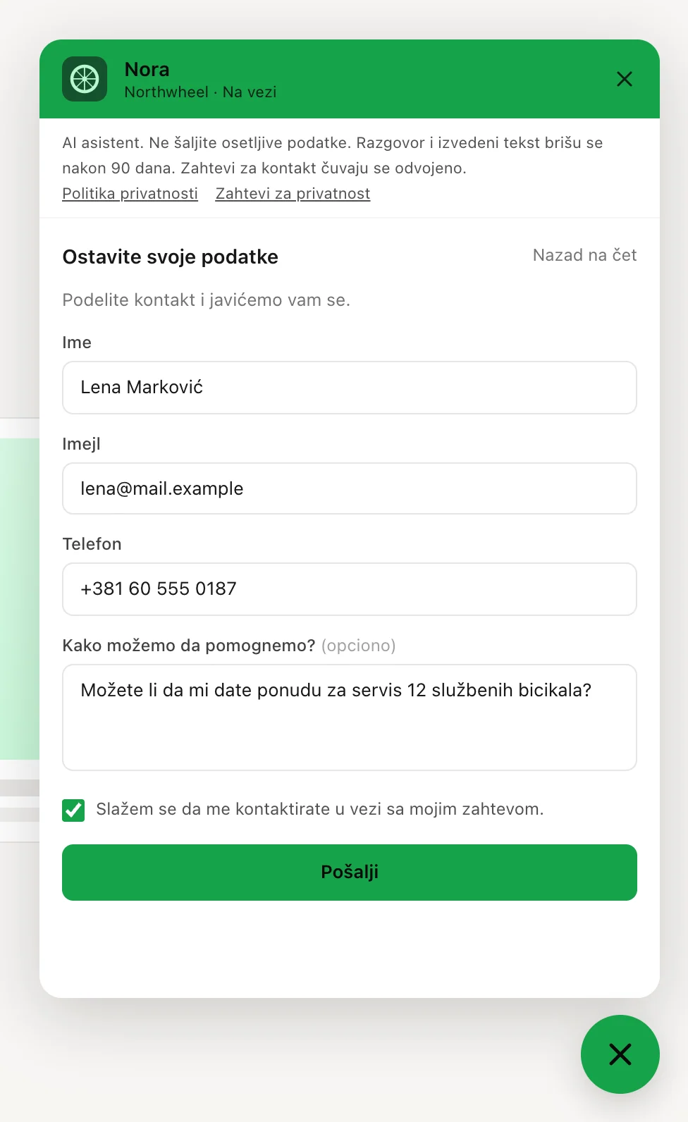 Popunjena kontakt forma sa označenim poljem za saglasnost
