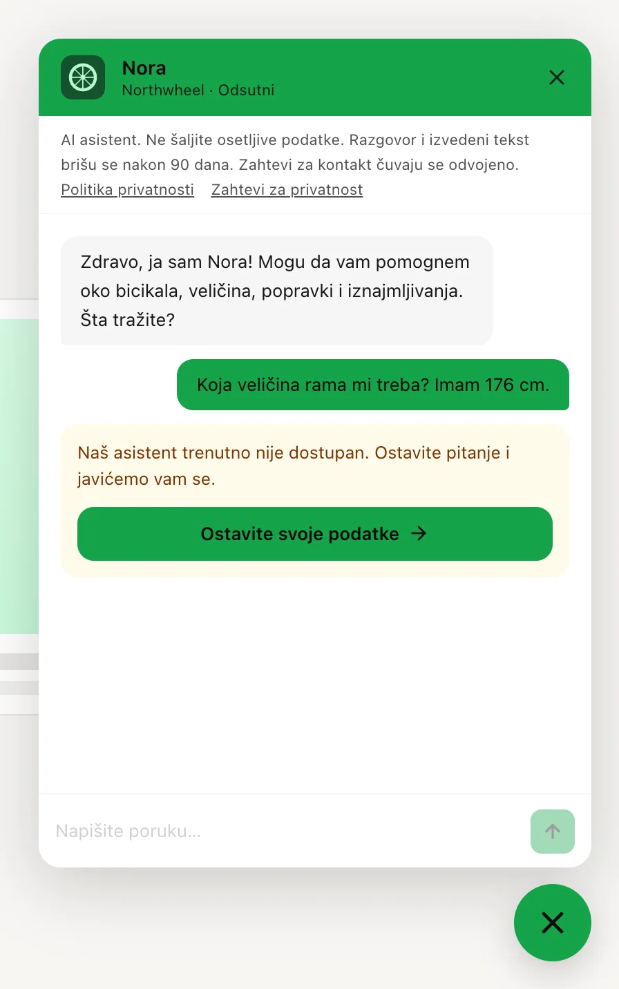 Pauziran čet: obaveštenje o nedostupnosti sa dugmetom za kontakt