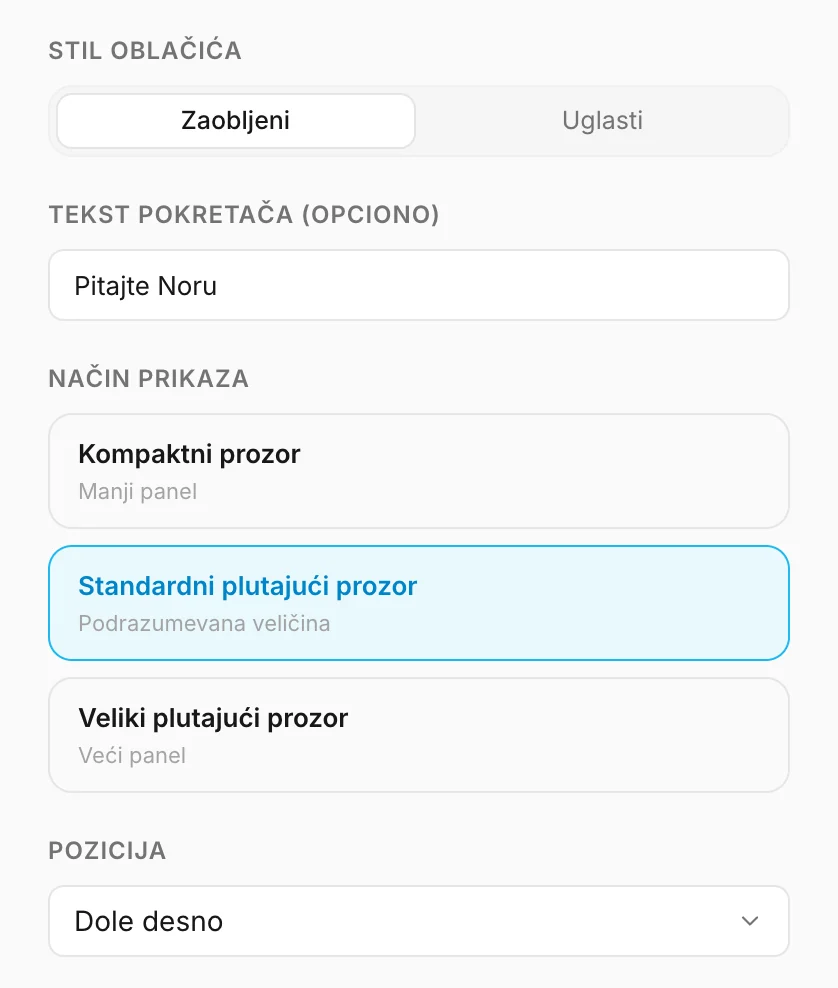 Stil oblačića, tekst dugmeta, način prikaza i položaj