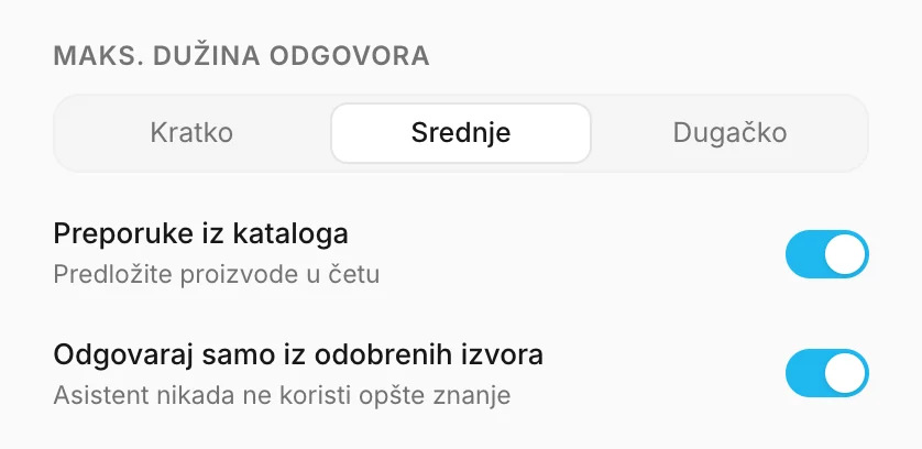 Dužina odgovora, preporuke iz kataloga i odobreni izvori
