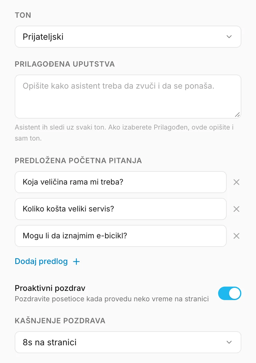 Ton, predložena početna pitanja i proaktivni pozdrav