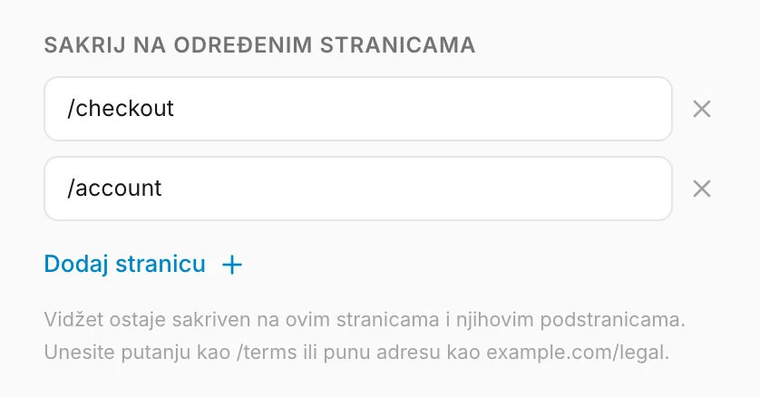 Stranice na kojima vidžet ostaje skriven