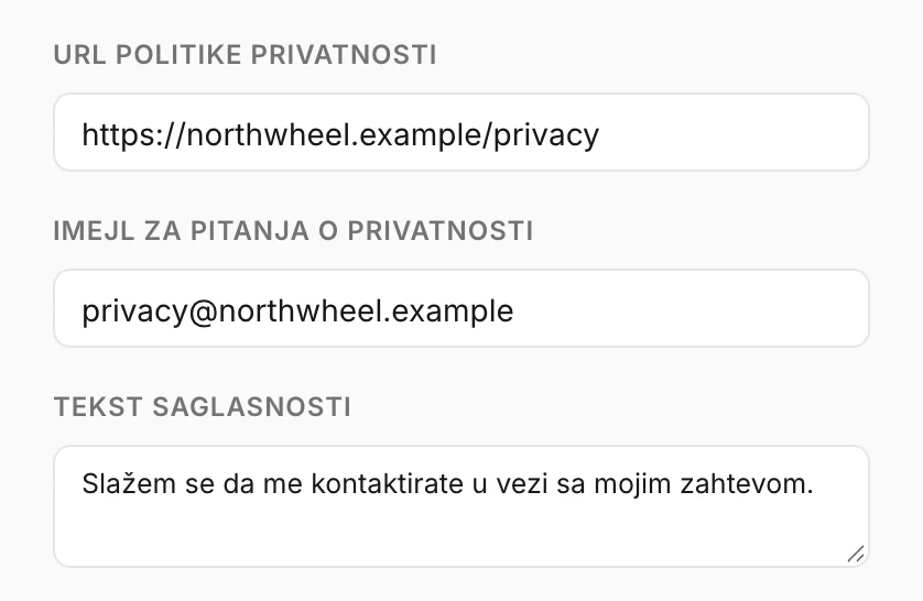 Politika privatnosti, kontakt za privatnost i tekst saglasnosti